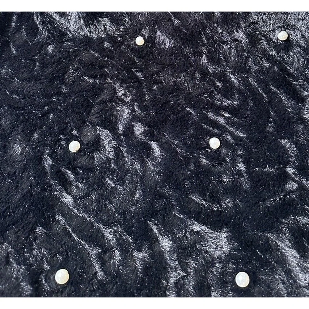 Jet Black Faux Fur Poncho Scarf White Pearls One Size Elegant Cozy Warm - Picture 9 of 9